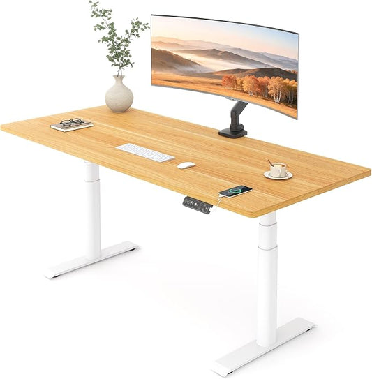 FLEXISPOT E6 Pro 55" x 28" Dual Motor Electric Standing Desk, Organic Modern Oval Leg Design, 3-Stage Height Adjustable Sit Stand Desk with Heavy Duty 330lbs, Maple Desktop, White Frame