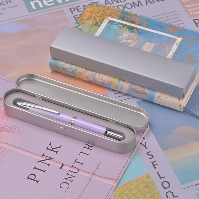 Jinhao 10 Press Fountain Pen with Box, Gradient Light Purple Retractable Medium Nib with Ink Converter Set (Silver Clip)