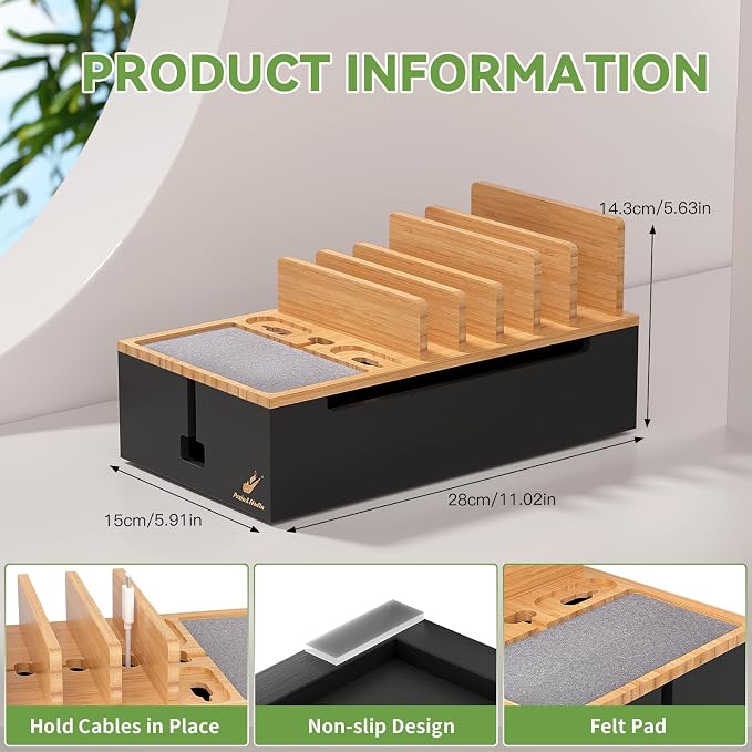Pezin & Hulin Cord Organizer Box with 6 Wire Cables-Natural + Black | Surge Protector Organizer, Device Charger Station for Phones & Tablets, Wood Charging Dock , No Power Supply