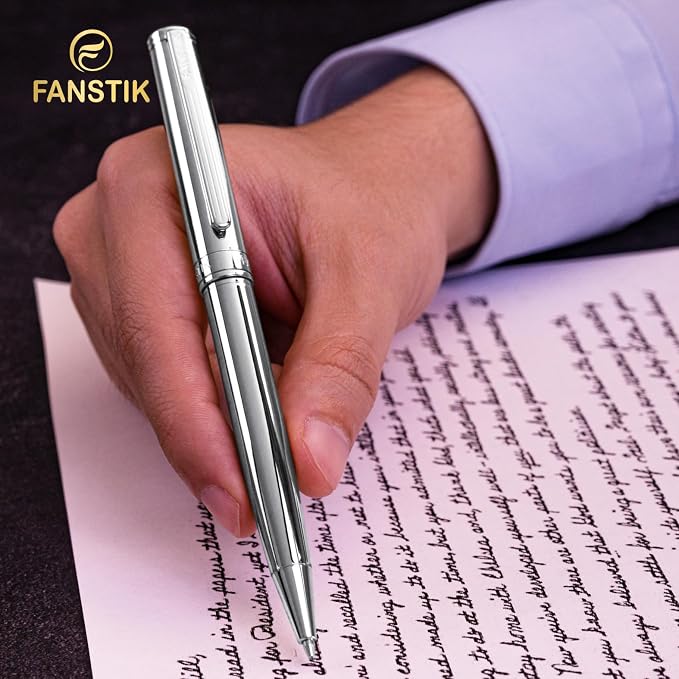 FANSTIK Customized Silver Luxury ballpoint pen, fancy gift set for women, Chrome Finish, Professional executive pen gift set for men (Lux Custom-BallPoint Silver)