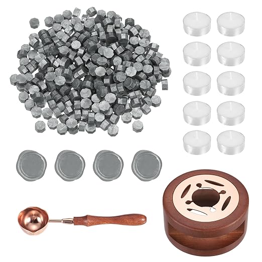 PATIKIL Wax Seal Kit, 300 Pcs Wax Sealing Beads, Wooden Warmer, Melted Spoon, 10 Pcs Tealight Candles for Envelope Letter Mailing Crafts DIY, Silver