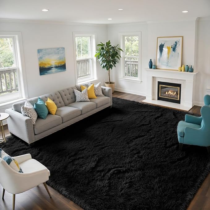 yongyangjuxin Fluffy Rug Shag Area Rug, Black 9x12 Area Rugs for Living Room, Large Shag Area Rugs for Bedroom Room Home Decor, Upgrade Anti-Skid Rectangular Fuzzy Rugs