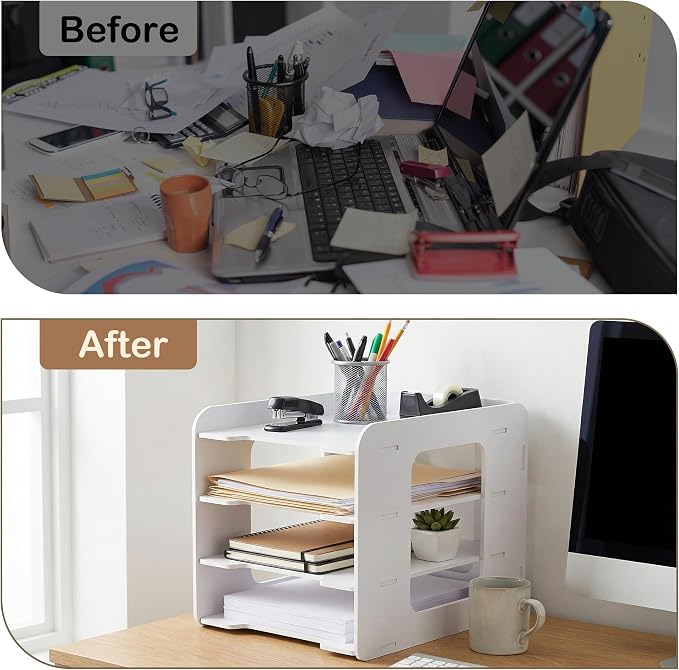 Desk Organizer, 4-Tier File Organizer for Desk, Letter Tray Paper, Desktop Document Sorter for Letter, File Folder Holder with Pen Holder for Office, Home or School- White MLT001W4