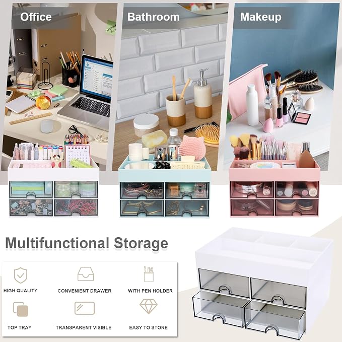 Meiikun Desk Organizer, Office Organizer with Drawer, Desk Accessories & Workspace Organizers, Pen Holder Office Supplies for Desk (4 Drawers+4 Compartments, White)