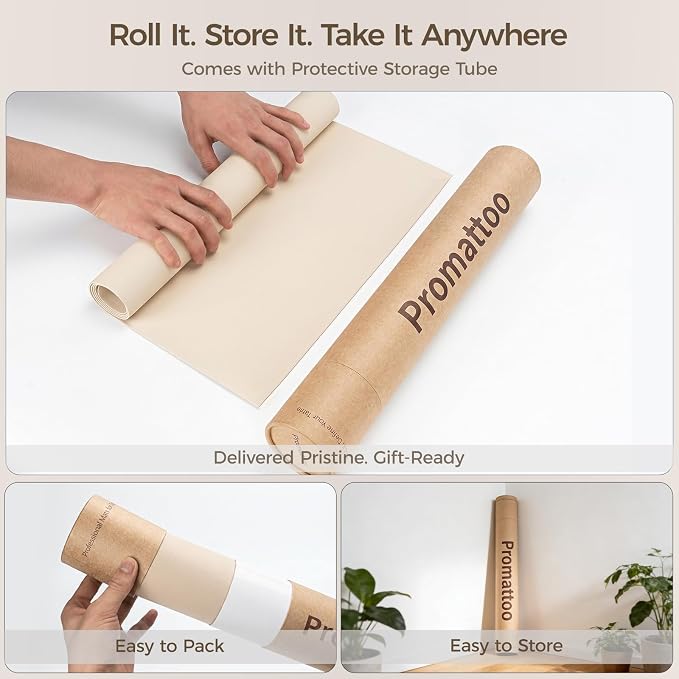 1.6mm Thick Leather 10x34 Inch Non-Slip Mat, Waterproof Countertop Protector, Slim Shelf/Small Coffee Station Topper, Warm Beige