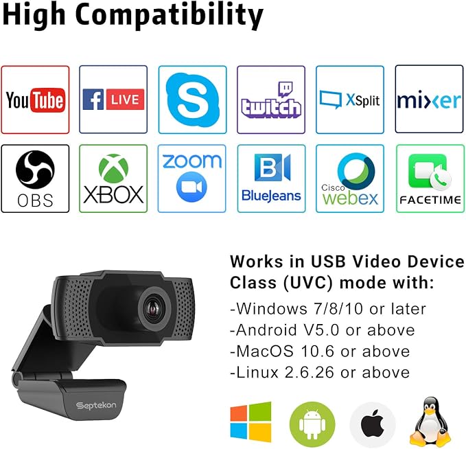 Septekon 1080P HD Webcam with Microphone, Streaming Computer Web Camera for Laptop/Desktop/Mac/TV, USB PC Cam for Video Calling, Conferencing, Gaming
