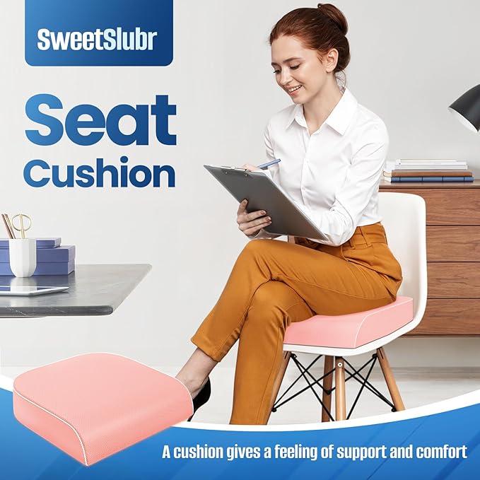 SweetSlubr Seat Cushion for Tailbone Pain Relief, Office Chair Cushion, Memory Foam Large Chair Cushion with Non-Slip Cover for Soft Support at Office Chair, Car Seat, Airplane Pink/Large