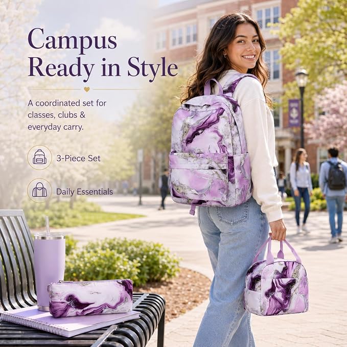 Bluboon Teen Girls School Backpack Kids Bookbag Set with Lunch Box Pencil Case Travel Laptop Backpack Casual Daypacks (Purple Marble)