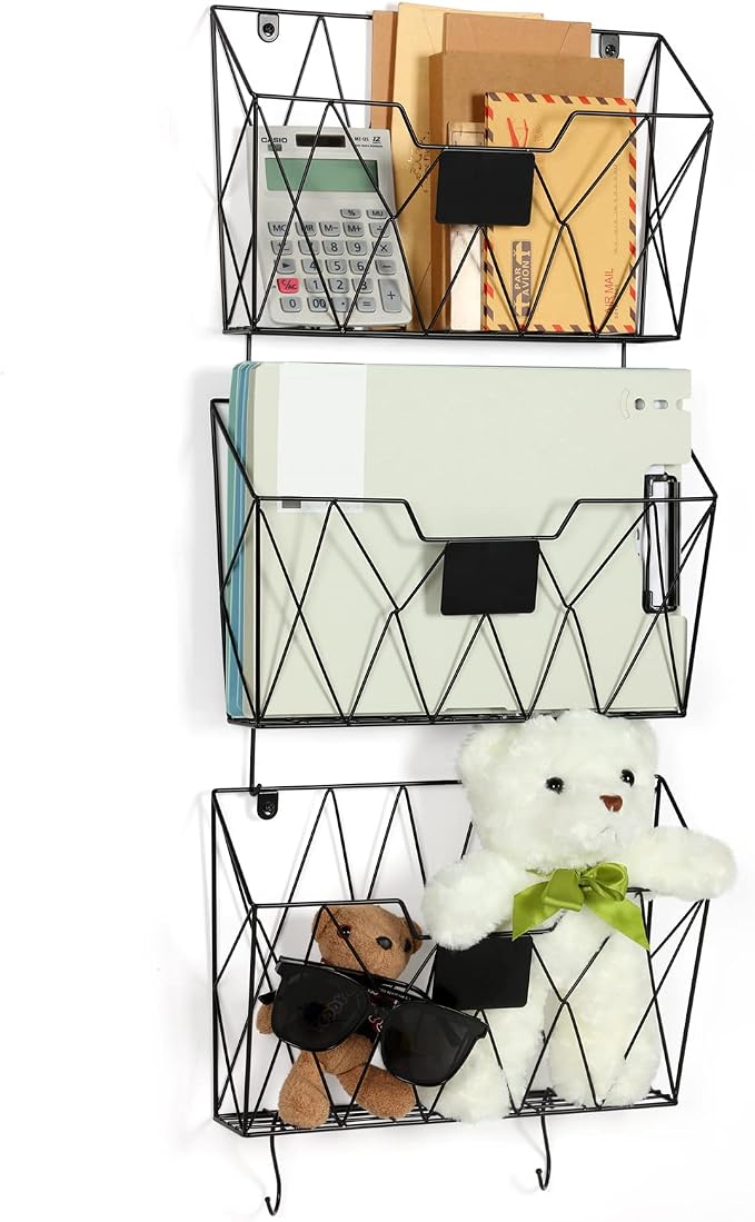 OYEAL Hanging Wall File Organizer Metal Wall File Holder 3 Pockets Mail Organizer Wall Mounted with Hooks for Office Home, Black