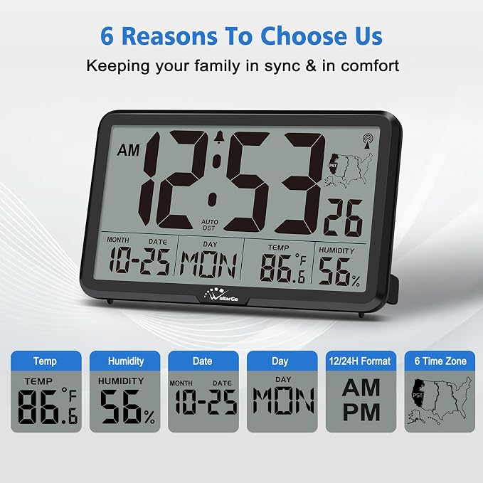 WallarGe Atomic Wall Clock with Backlight, Battery Operated | Large Digital Display, Indoor Temperature, Humidity, Date, AUTO DST, 6 Time Zones