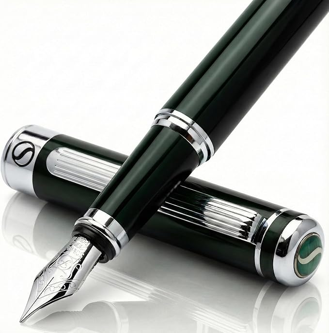 Scriveiner Black Green Fountain Pen - Stunning Luxury Pen with Chrome Finish, Schmidt Nib (Fine), Best Pen Gift Set for Men & Women, Professional, Executive, Office, Nice Pens