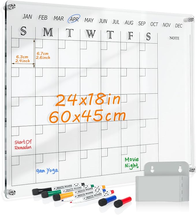 MAKELLO Acrylic Calendar for Wall 24" x 18", Clear Dry Erase Calendar for Office, School, Home, Bedroom, 4 Pens, Pen Holder, Wall-Mount Screws