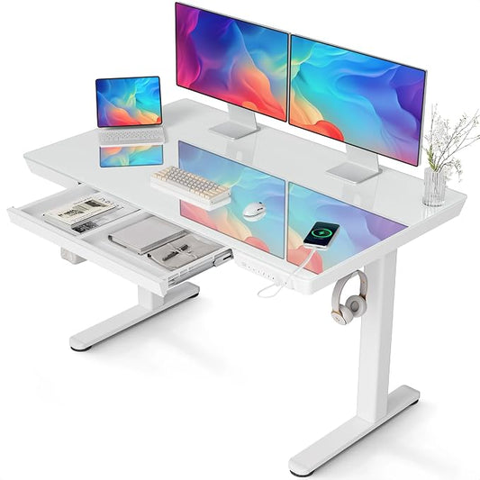 Claiks Glass Standing Desk with Drawers & USB Ports 48x24 Inch, White | 3 Steps Quick Install, 2 Zones Drawer, USB Ports, Ultra White One-Piece Glass Top, Writable Top