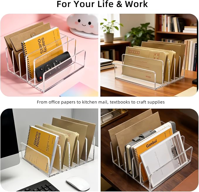 Clear Acrylic 5-Compartment Mail & Letter Desk Organizer | 5mm thick, 5 compartments organize mail, bills, letters & more. Crystal clear acrylic, non-slip pads. No assembly.