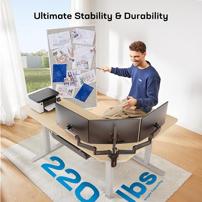 HUANUO 63″ Dual Motor L-Shaped Standing Desk, Built-in Power Outlets, Electric Height Adjustable Corner Computer Desk, Large Power Strip Holder, Sit Stand Up Desk with 3 Preset Heights, Natural Wood