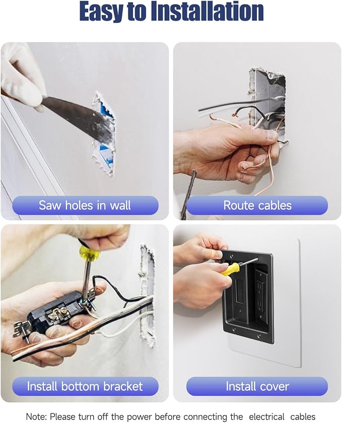 in Wall Cable Management Kit, Wall Cable Concealer Kit for TV, Recessed Outlet for Low Voltage Cables, Cord Hider Fits All Plugs for Wall Mounted TV & Cable Pass Through, Black