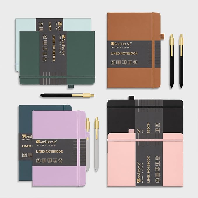 &And Per Se Lined Journal and Pen Set (3 Packs), A5 Leather Hardcover Notebook with Pen & Stationary Set, 160 Pages 100GSM Thick Ruled Paper Journal for Business Work Writing (Green)