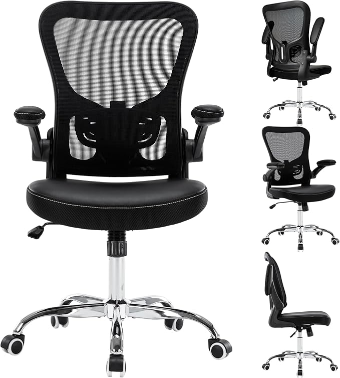 Ergonomic Office Chair Adjustable PU Leather Computer Chair with Lumbar Support,Flip-Up Arms, Breathable Mesh Back, Swivel Rolling Executive Desk Chair for Home Office, Black