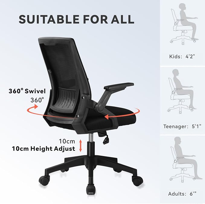 COMHOMA Office Chair with Flip-up Armrests Ergonomic Computer Desk Chair with Adaptive Lumbar Support & Breathable Mesh, Black