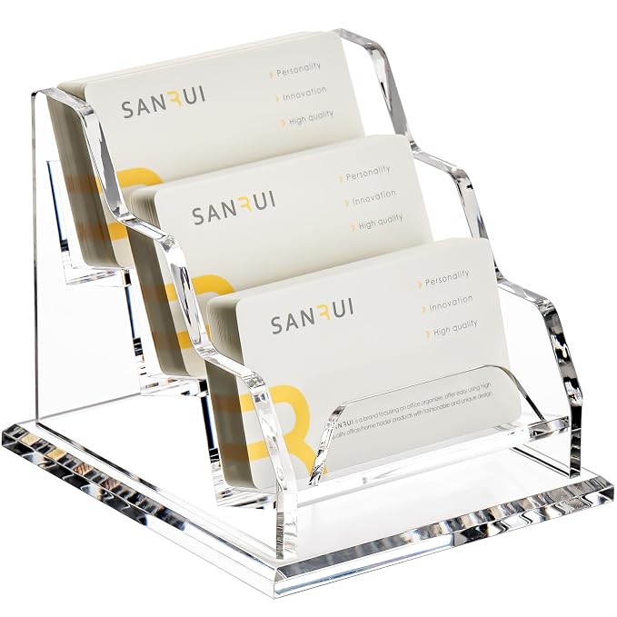 YUXUN Business Card Holder for Desk, Acrylic Business Card Display Stand with 3 Slot 3 Tier, Office Desk Accessories for Man &Woman,150 Cards Capcity, Clear