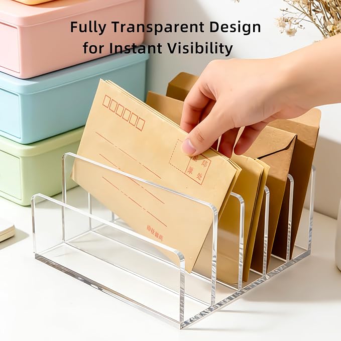 Clear Acrylic 5-Compartment Mail & Letter Desk Organizer | 5mm thick, 5 compartments organize mail, bills, letters & more. Crystal clear acrylic, non-slip pads. No assembly.