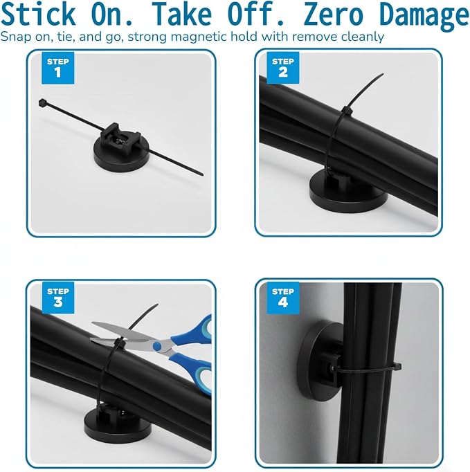 225 Pieces Magnetic Zip Tie Mount Set, 25 Magnetic Cable Tie with 200 Cable Ties, Strong Wire Management Cables Holder, Multipurpose Electrical Cord Holders Organizer (43mm)