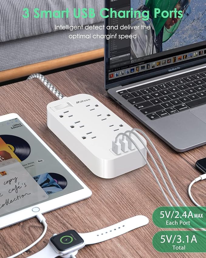 Extension Cord 10 FT, Mifaso Long Flat Plug Power Strip, 6 Outlets 3 USB A Ports Outlet Extender, Wall Mount, Desktop Charging Station for Home, Office and Dorm Essential
