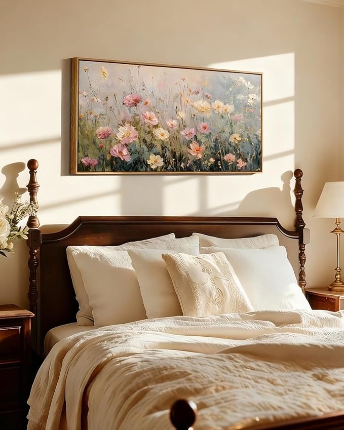 InSimSea Extra Large Framed Vintage Wall Art, Living Room Country Farmhouse Decor, Spring Wildflowers Field Landscape Canvas Prints, Retro Scenery Long Pictures for Bedroom Above of Bed,20x40inch