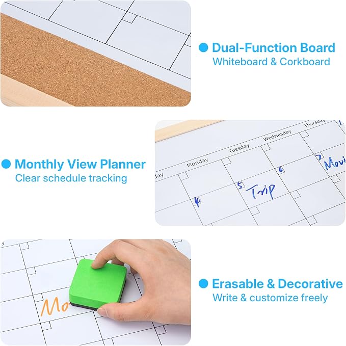 OWLKELA Monthly Dry Erase Calendar with Cork Board for Wall, 17 x 13 Magnetic Bulletin Whiteboard with Wood Frame for Office, Home, School, Kitchen