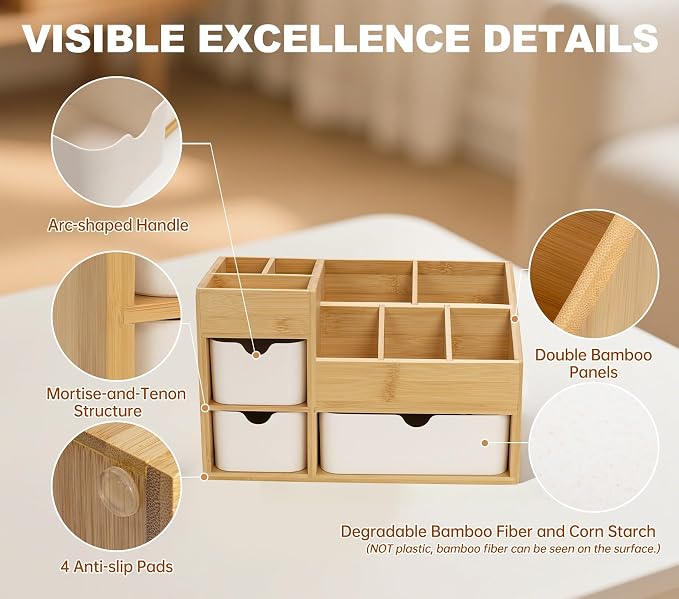 Bamboo Desktop Organizer with 3 Drawers, Drawer Tabletop Storage Organization Box for Home/Office, 3-Tier Makeup Vanity Organizer for Dresser Countertop, Detachable Divider
