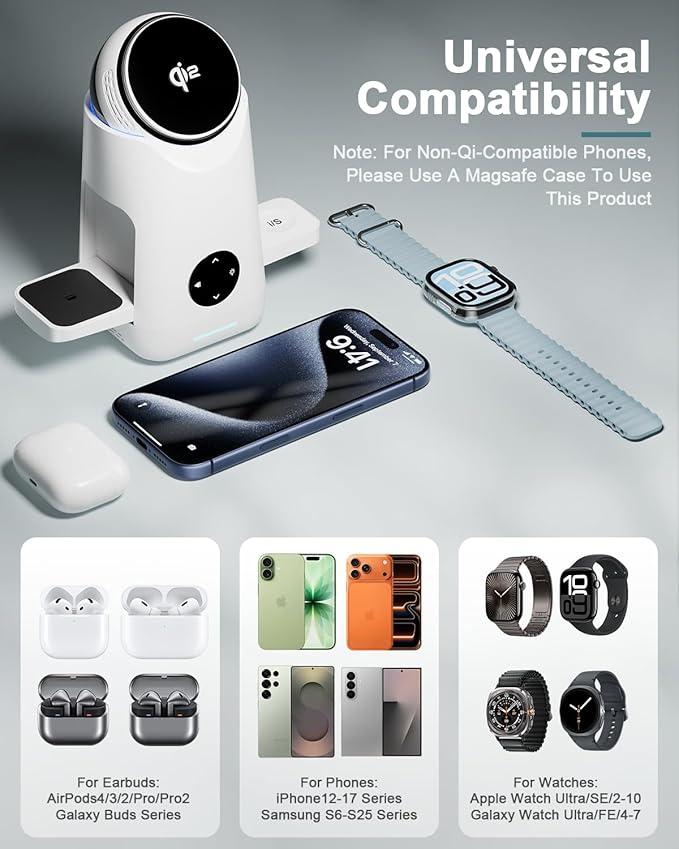 3-in-1 Charging Station for Apple & Samsung - Qi2 Certified 15W Rotating Wireless Mag-Safe Charger Stand for Apple - iPhone 17 16 15 14 13 12, AirPods, Apple & Galaxy Watch, Samsung S25 S24 Bud(White)