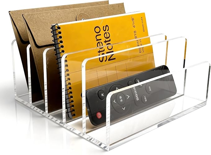 Clear Acrylic 5-Compartment Mail & Letter Desk Organizer | 5mm thick, 5 compartments organize mail, bills, letters & more. Crystal clear acrylic, non-slip pads. No assembly.