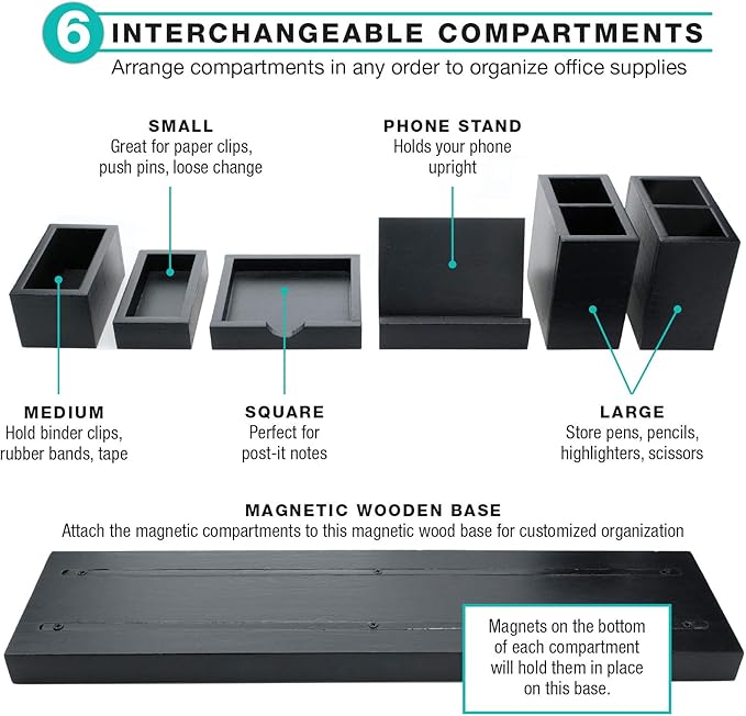 Excello Global Products Magnetic Desk Organizer | 6 Removable Compartments for Pens, Pencils, Post-Its, Paperclips, Cell Phone and Office Supplies (Black)