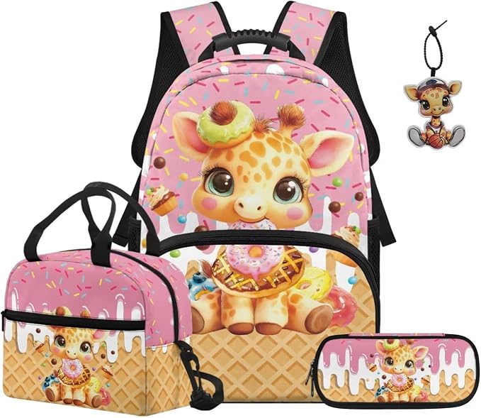 ZFRXIGN Ice Cream Giraffe Kids Backpack for Girls Bookbag with Pendant 17inch Elementary School Bag and Insulated Lunch Box Pencil Case Back to School Supplies