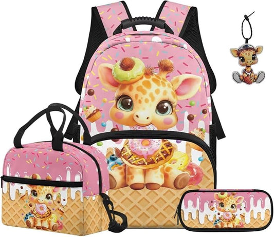 ZFRXIGN Ice Cream Giraffe Kids Backpack for Girls Bookbag with Pendant 17inch Elementary School Bag and Insulated Lunch Box Pencil Case Back to School Supplies