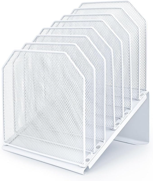 Inclined File Organizer for Desk, 7-Tier Vertical File Folder Holder Office Desk Organizer Metal Rack File Wire Mesh Desktop Document Sorter for Office School Classroom Home (White)