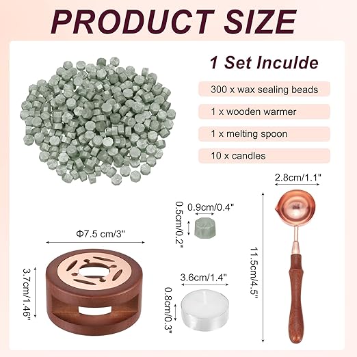 PATIKIL Wax Seal Kit, 300 Pcs Wax Sealing Beads, Wooden Warmer, Melted Spoon, 10 Pcs Tealight Candles for Envelope Letter Mailing Crafts DIY, Green Silver
