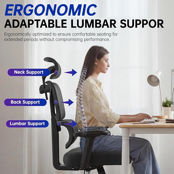 Ergonomic Office Chair, High Back Mesh Computer Chair with Comfortable Adaptive Lumbar Support, Built-in Coat Hanger, SGS Class 4 Gas Lift, Heavy Duty 300lbs for Long Hours Home Office