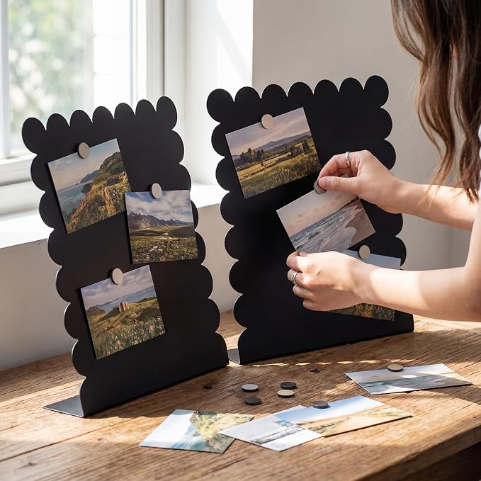 Gueevin 2 Pcs Magnet Board Standing Magnetic Metal Board for Desk and Wall Scalloped Magnetic Display Stand for Memos Photos and Documents Home Office School Desk Storage Decoration(Black,Medium)