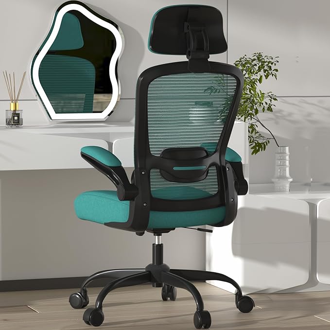 Mimoglad Office Chair, High Back Ergonomic Desk Chair with Adjustable Lumbar Support and Headrest, with flip-up Armrests for Guitar Playing, 5 Years Warranty (Modern, Dark Green(Black Frame))