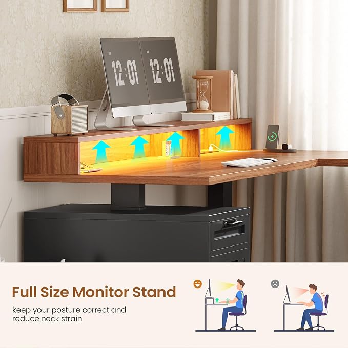 SEDETA Farmhouse L Shaped Standing Desk, 70.1" x 73.2" Height Adjustable Home Office Executive Desk with Drawers, Power Outlet, Monitor Stand, Sit Stand Table with Led Lights for Home Office, Black