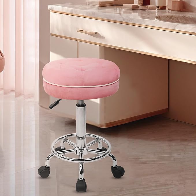 KLASIKA Velet Rolling Bar Stool with Wheels, Tall Drafting Stool with Adjustable Height and Footrest, Multi-Purpose Office Desk Chair for Home Kitchen Shop Work, Pink (4PK)