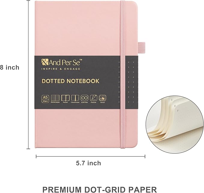 &And Per Se A5 Hardcover Dotted Notebook with 25+ Accessories - 6 Pens, Stickers, Stencils, Washi Tapes & Gift Box Included | Dotted Journal Kit for Beginners, Adults, Premium Gift Set (Pink)