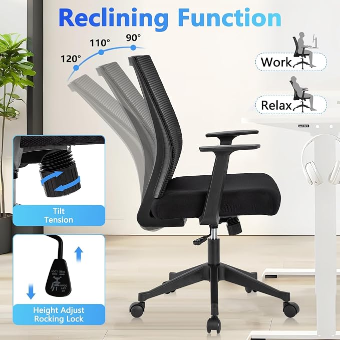 CLATINA Big and Tall Office Chair, Heavy Duty Ergonomic Mesh Computer Desk Chair with Armrests, Adjustable Height Rolling Swivel Mid Back Executive Task Chairs for Home Office Conference, Black, 6PK