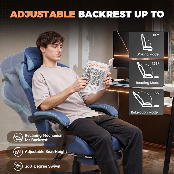 GTPLAYER Gaming Chair with Footrest, Ergonomic Office Chair 400lbs Heavy Duty, Big and Tall Computer Desk Chair with Lumbar Support and Headrest, Breathable Tech Fabric, 90-155° Recline Blue