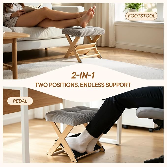 Foot Rest Under Desk 3-Level Adjustable Under Desk Footrest w/Non-Slip EVA & Floor Pads Ergonomic Wooden Foot Stool for Posture & Leg Relief - Ideal for Office Workers Gamers Home Use
