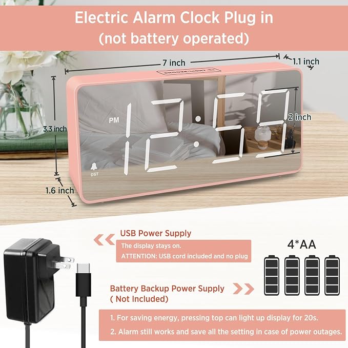 Peakeep Digital Alarm Clock for Bedrooms Bedside, Loud for Heavy Sleepers | Electric Alarm Clock Battery Backup Powered, Mirror Face, Large Numbers 6 Dimmers for Seniors