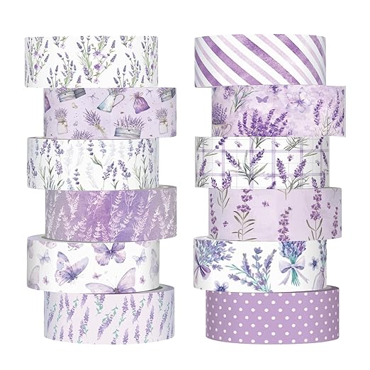 12 Rolls Watercolor Floral Washi Tape Set 15 mm Vintage Flower Decorative Masking Tape for Summer School Arts DIY Craft Scrapbook Journal Supplies Gifts(Purple,Lavender)