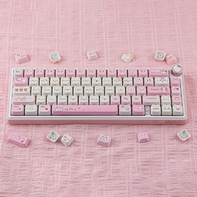 Tsungup Cute Cat Keycaps Set,Pink Pixel Mao Profile Keycaps,132 Keys PBT Custom Key Caps Keyboard Keycap for 60%,65%,75%,100% Mechanical Keyboard