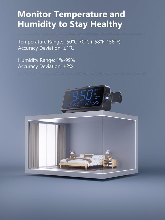 OnLyee Projection Clock for Bedroom Ceiling, Alarm Clock for Heavy Sleepers | 350° Rotatable Projector, Dual Alarms, 5 Brightness, Weekday/Weekend Mode, Temp & Humidity, Snooze, USB Charger